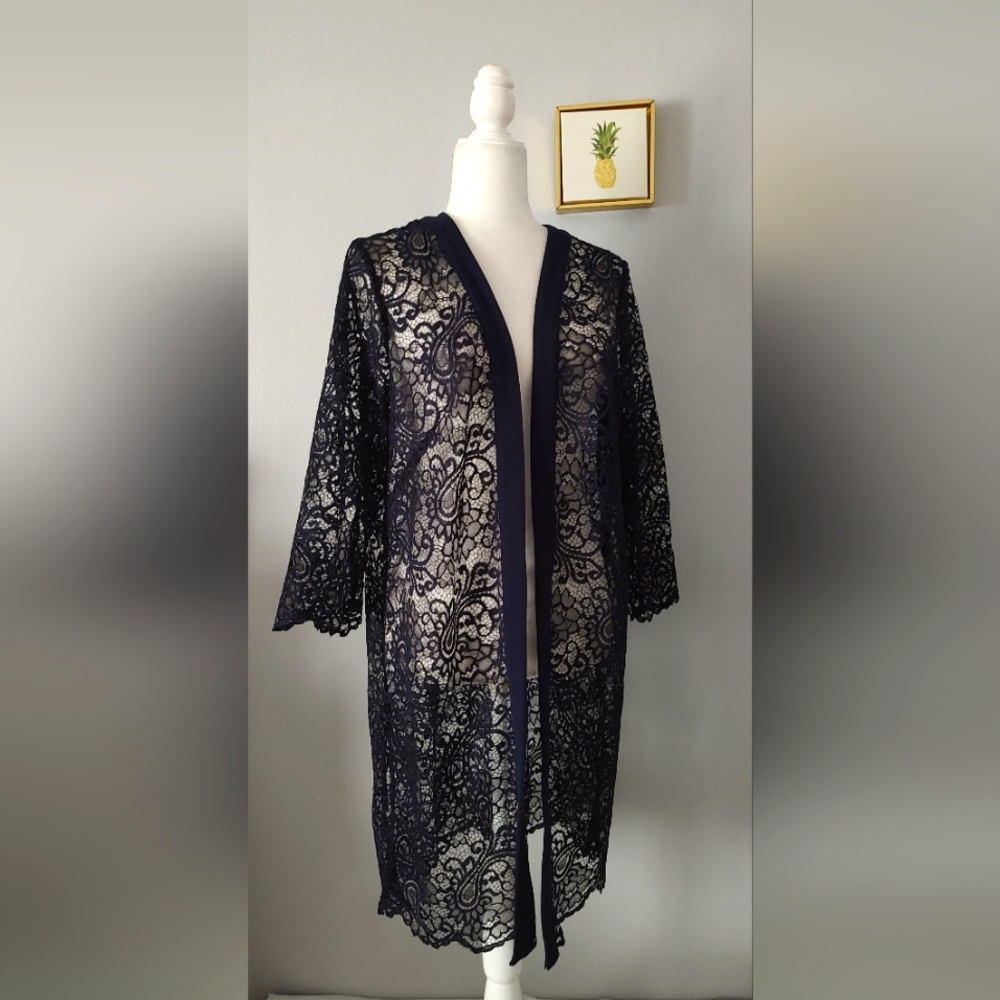 Lace Cardigan Le Boss Girls Size 14 Color Navy Blue  Open Front Style Casual